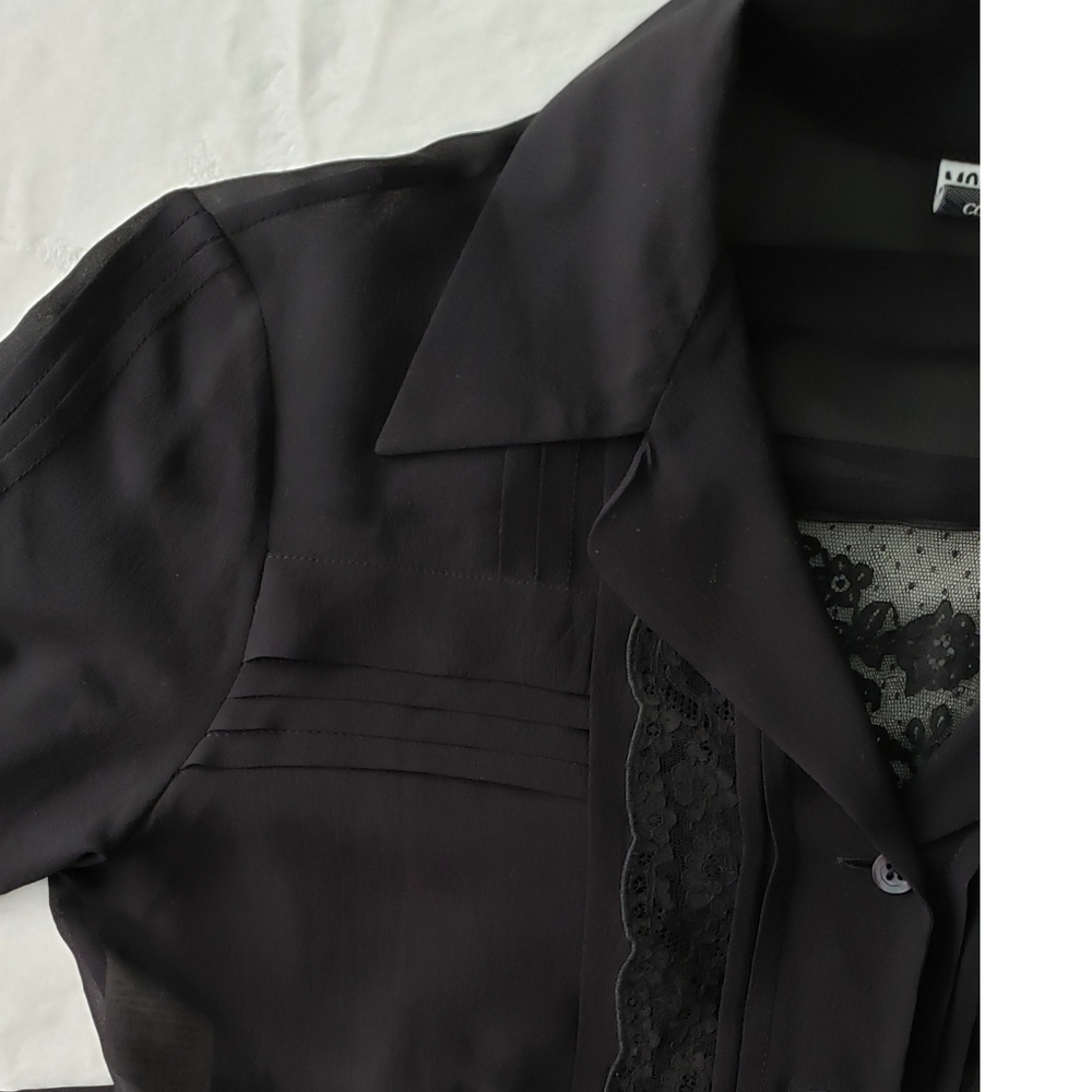 MOSCHINO COUTURE #vintage black pintuck silk lace inlay button blouse 8 - Picture 4 of 9